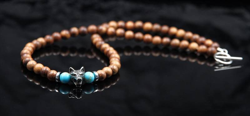 Wolf Kette Holz Männer Wildtier Edelstehl Perlenkette Herren Damen Boho Schmuck Tierfreunde Geschenk Schwarz Türkis Braun Halskette von Uniquon