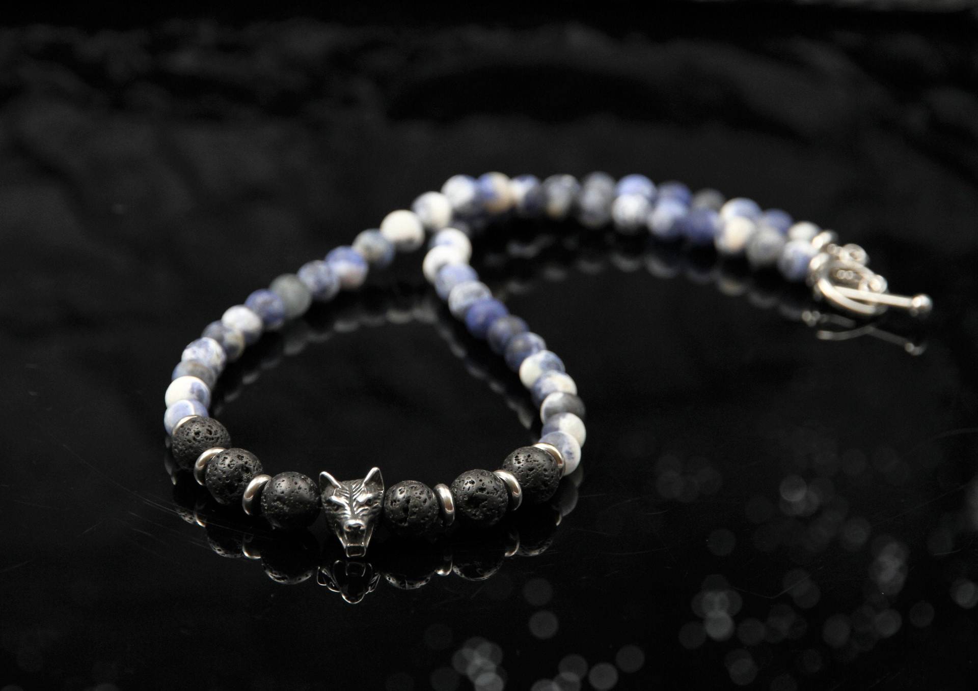 Wolf Halskette Herren Lavastein Sodalith Blau Schwarz Edelstein Wikinger Kette Edelstahl Schmuck Geschenk Männer Paare Boho Stil von Uniquon