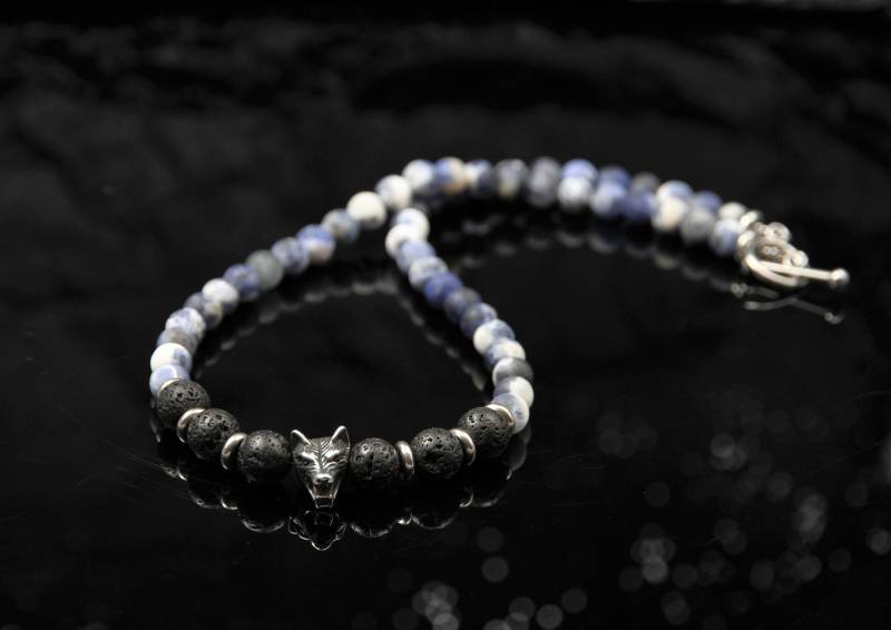Wolf Halskette Herren Lavastein Sodalith Blau Schwarz Edelstein Wikinger Kette Edelstahl Schmuck Geschenk Männer Paare Boho Stil von Uniquon