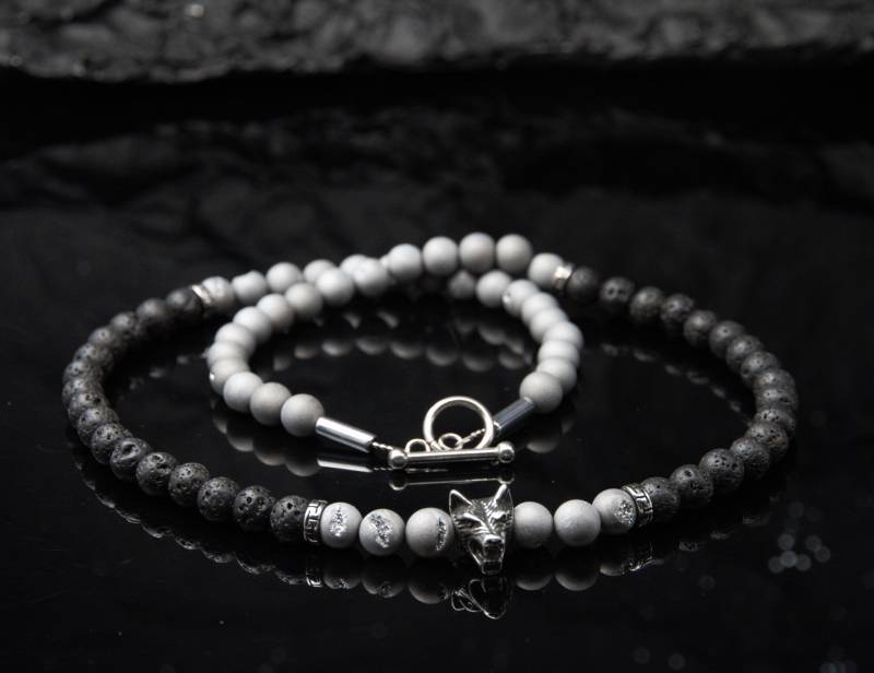Edel Wolf Kette Stein Perlen Herren Mit Lava, Druzy, Achat | Schwarz Grau Silber Edelstein Halskette Wolfskopf Männerschmuck von Uniquon