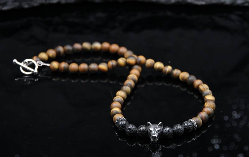 Wolf Kette Männer Tigerauge Lava Perlen Braun Schwarz Silber Edelstahl Tier Schmuck Für Boho Style Modern Und Naturverbunden 8mm von Uniquon