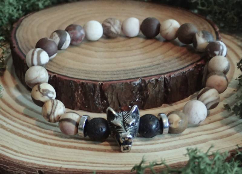 Wolfskopf Perlenarmband Männer Echt Jaspis Lava Perlen Stretcharmband Braun Silber Geschenk Unisex Tierfreunde von Uniquon