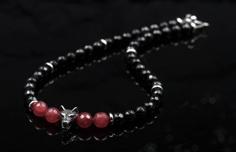 Wolfskopf Perlenkette Männer Tier Design Statement Schmuck Schwarz Rot Silber Freund von Uniquon