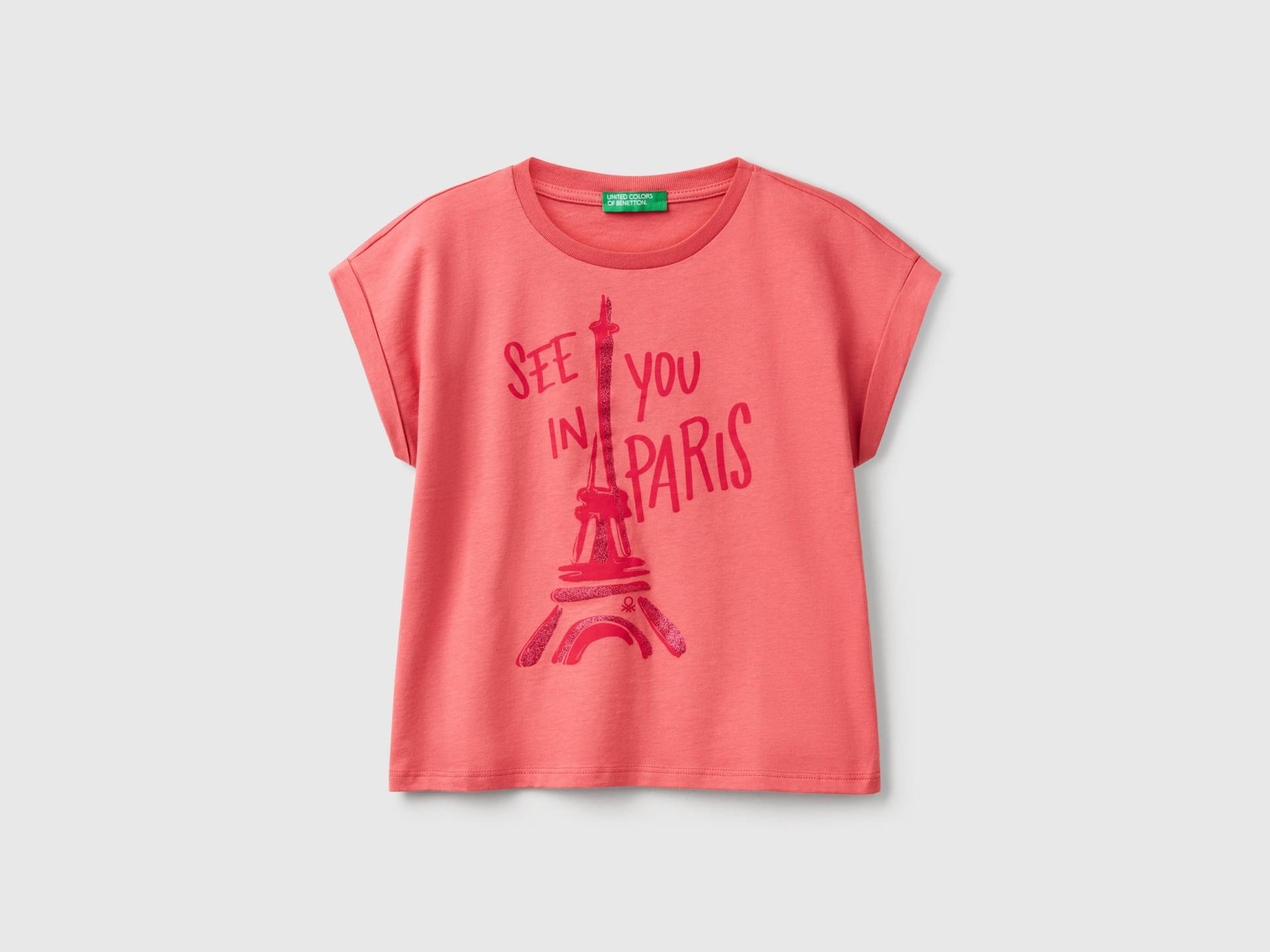Benetton, Kastenförmiges T-shirt Mit Aufdruck Und Glitzer, size 2XL, Lachs, female Benetton, Kastenförmiges T-shirt Mit Aufdruck Und Glitzer, size 2XL, Lachs, female von United Colors of Benetton