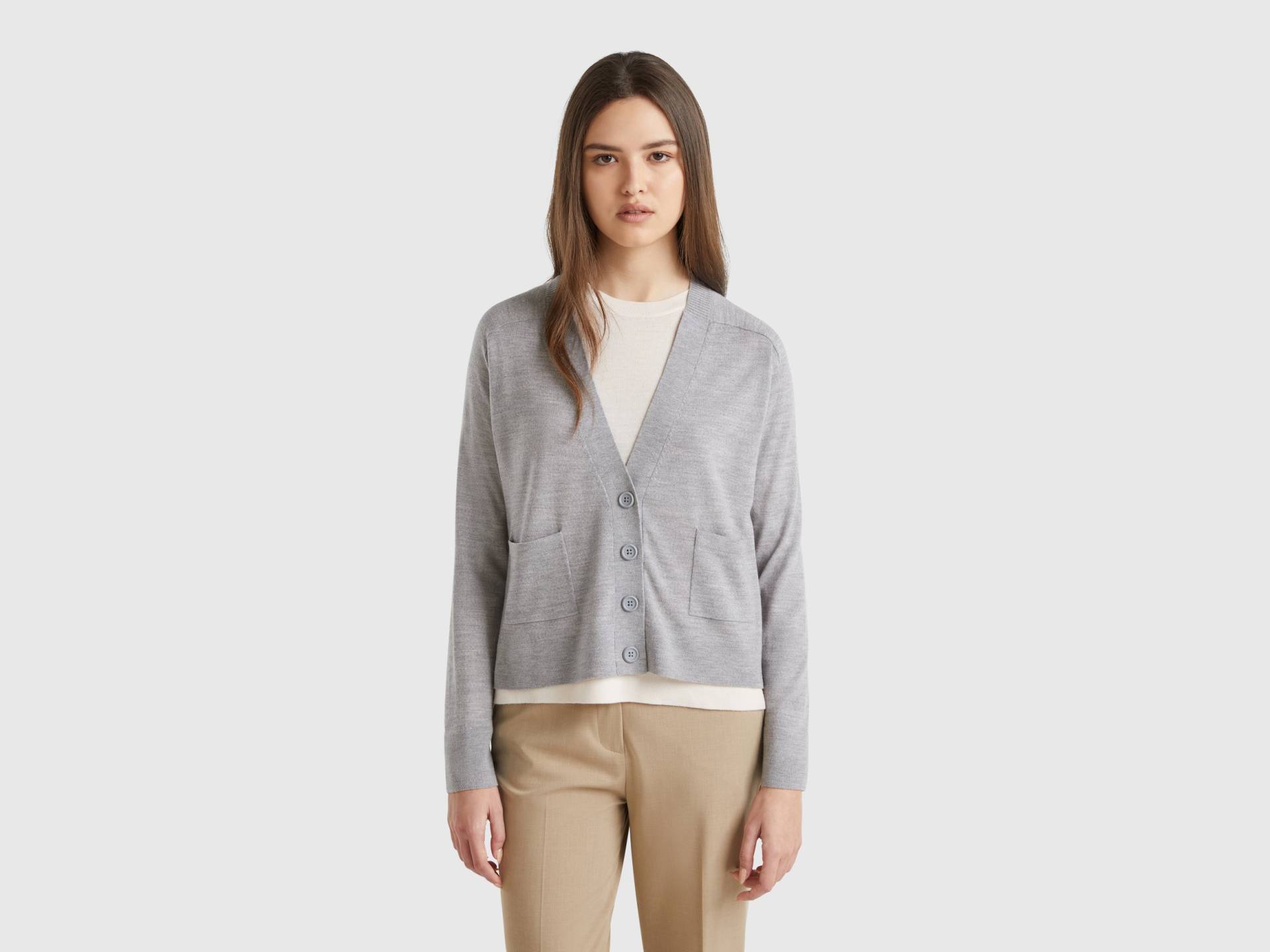 Benetton, Strickjacke Aus Reiner Merinowolle, size XL, Hellgrau, female Benetton, Strickjacke Aus Reiner Merinowolle, size XL, Hellgrau, female von United Colors of Benetton
