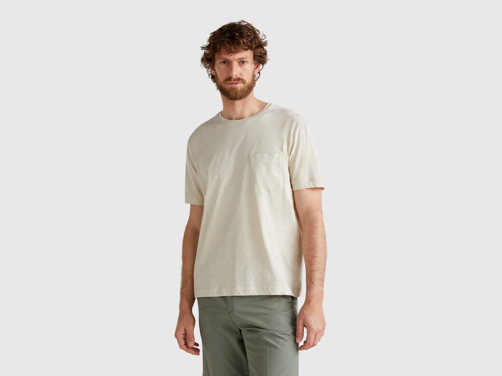 Benetton, T-shirt Aus Leinenmischung Mit Tasche, size XL, Beige, male von United Colors of Benetton