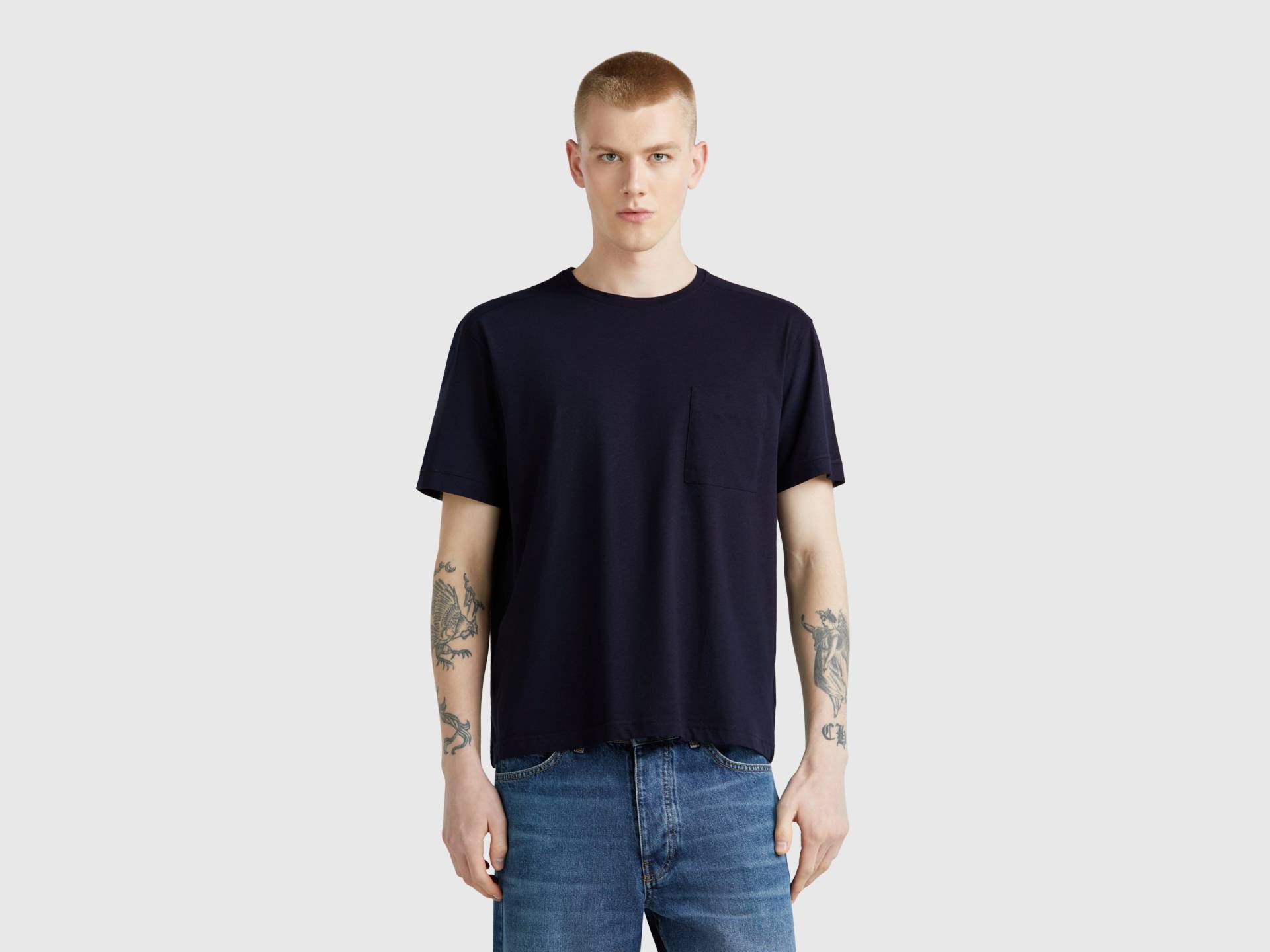 Benetton, T-shirt Aus Leinenmischung Mit Tasche, size XL, Dunkelblau, male von United Colors of Benetton