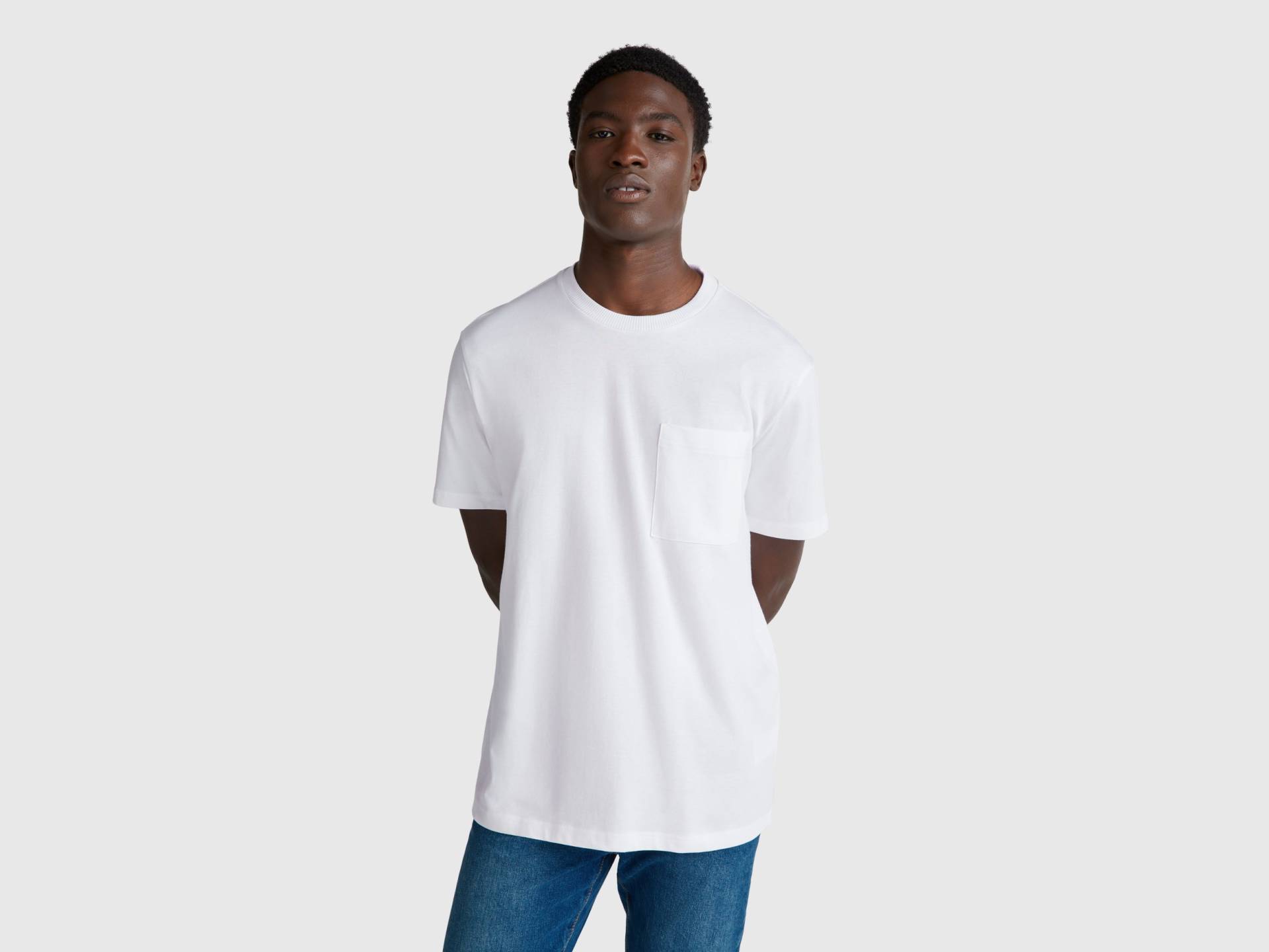 Benetton, Baumwoll-t-shirt Mit Tasche, size XL, Weiss, male von United Colors of Benetton