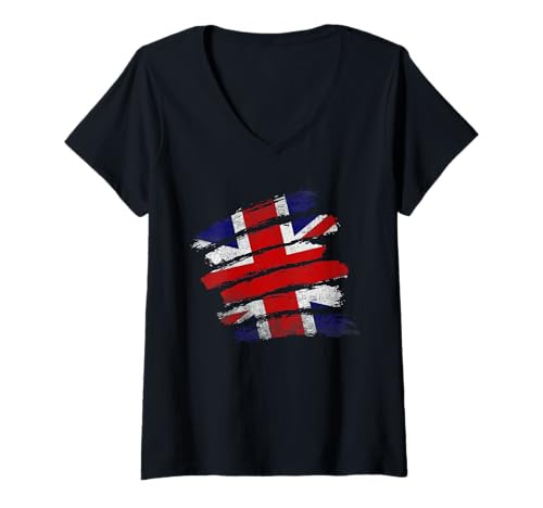 Damen Patriotische britische England-Vintage-Flagge T-Shirt mit V-Ausschnitt Damen Patriotische britische England-Vintage-Flagge T-Shirt mit V-Ausschnitt von United Kingdom Britain Flag Designs