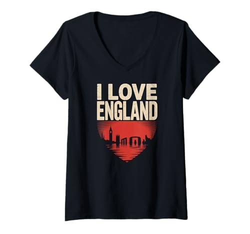 Damen I Love England Skyline Herz Design T-Shirt mit V-Ausschnitt Damen I Love England Skyline Herz Design T-Shirt mit V-Ausschnitt von United Kingdom Heritage Pride Iconic