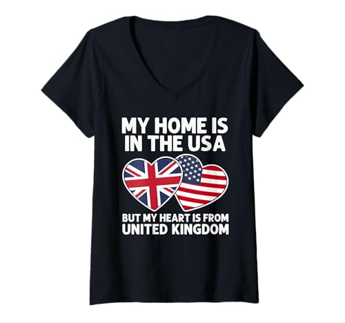 Damen My Home USA My Heart UK British American Pride Flagge T-Shirt mit V-Ausschnitt von United Kingdom Pride Flag Apparel