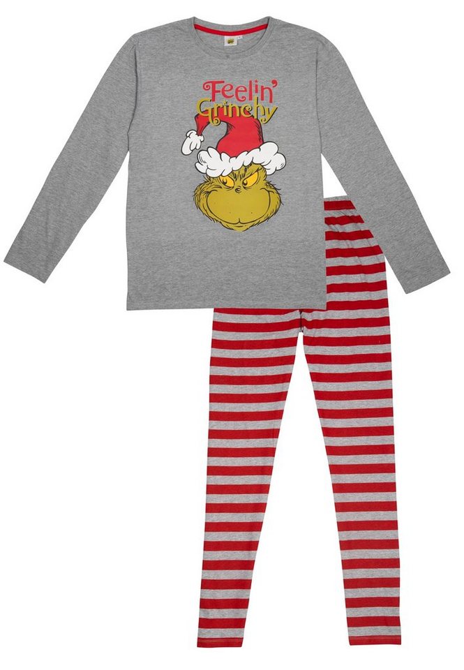 United Labels® Schlafanzug The Grinch Schlafanzug Damen und Herren Pyjama Set Langarm Grau/Rot von United Labels®