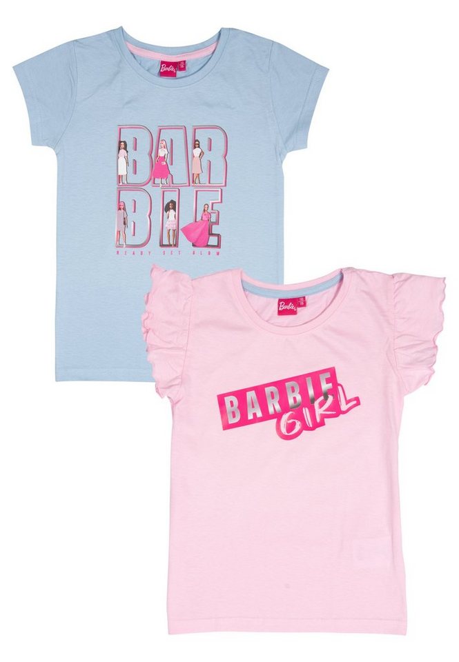 United Labels® T-Shirt Barbie T-Shirt mit Rüschen Mädchen kurzärmlig Blau/Rosa 2er Pack von United Labels®