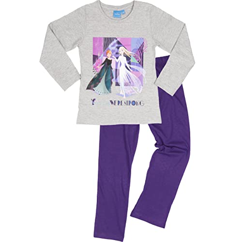 Disney Die Eiskönigin Schlafanzug für Mädchen – Frozen Kinder Pyjama Set Langarm Oberteil mit Hose Grau/Lila (134-140) von United Labels