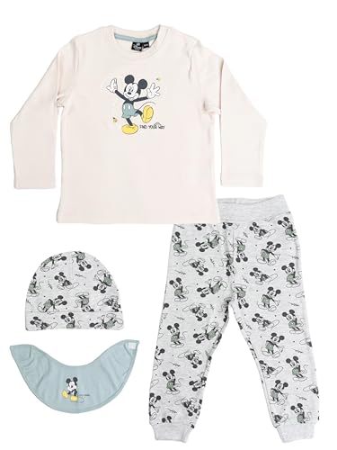 Disney Mickey Mouse Baby Set - Find your way Unisex Oberteil Pullover mit Hose, Mütze & Halstuch 4-Teiler Beige/Grau (Beige/Grau, 74-80) von United Labels