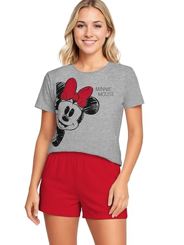 Disney Minnie Mouse Schlafanzug für Damen - Pyjama Set Kurzarm Oberteil mit Shorts Grau/Rot (DE/NL/SE/PL, Alphanumerisch, XXL, Regular, Regular, Grau/Rot) von United Labels