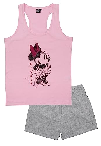 Disney Minnie Mouse Schlafanzug für Damen Pyjama Set ohne Ärmel Oberteil mit Hose Rosa/Grau (as3, Alpha, l, Regular, Regular) von United Labels