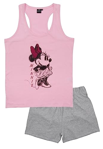 Disney Minnie Mouse Schlafanzug für Damen Pyjama Set ohne Ärmel Oberteil mit Hose Rosa/Grau (as3, Alpha, m, Regular, Regular) von United Labels