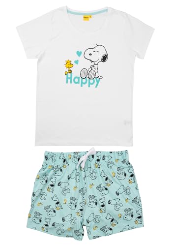 The Peanuts Schlafanzug für Damen Snoopy - Happy Pyjama Set Kurzarm Oberteil mit Hose Weiß/Türkis (DE/NL/SE/PL, Alphanumerisch, L, Regular, Regular) von United Labels