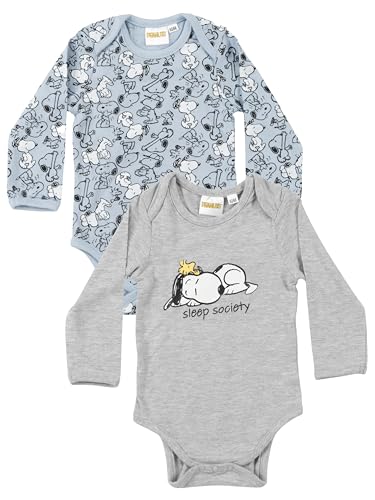 The Peanuts Snoopy Baby Body für Jungen 2er Set - Strampler Schlafstrampler Langarm Blau/Grau (Blau/Grau, 62-68) von United Labels