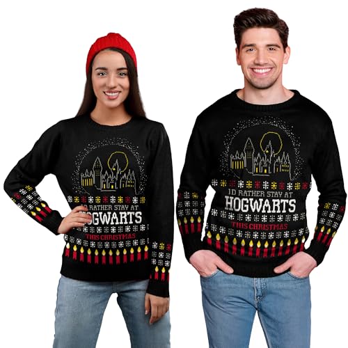 United Labels Harry Potter Weihnachtspullover Unisex I'd Rather Stay at Hogwarts This Christmas, Schwarz, 3XL, Winter Strickpullover, Pullover für Herren und Damen von United Labels
