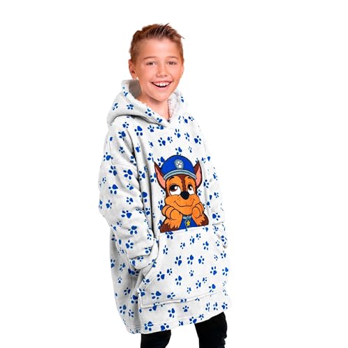United Labels Paw Patrol Chase Oversize Hoodie Decke mit Ärmeln und Kapuze für Jungen, Weiß, Kuschelpullover Einheitsgröße, flauschiger Deckenpullover von United Labels