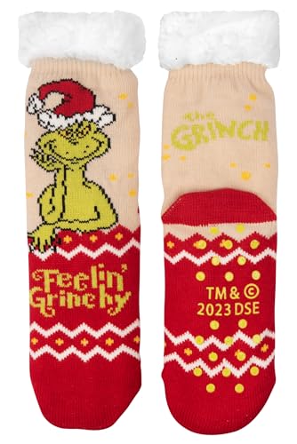 United Labels The Grinch - Feelin Grinchy Kuschelsocken für Damen Flauschige Wintersocken warme Socken Beige/Rot (EU Schuhgrößensystem, Erwachsene, Damen, Numerisch (von/bis), M, 35, 38) von United Labels