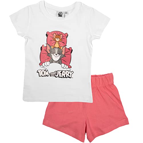 United Labels Tom & Jerry Kinder Mädchen Pyjama Schlafanzug Set Kurzarm Oberteil mit Hose Weiß Rosa (134-140) von United Labels
