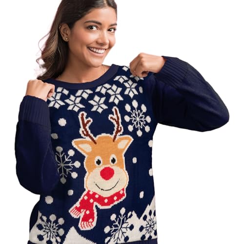 United Labels Weihnachtspullover Rentiere, Ugly Sweater für Damen, Rentierdesign in Blau und Weiß, Sweatshirt in L, 100% Polyacryl von United Labels