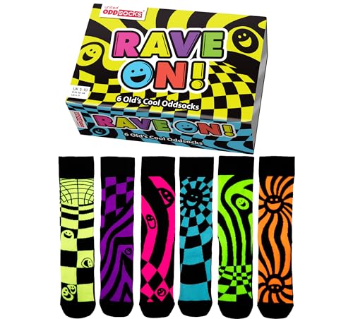 United Oddsocks Rave On 6 Odd Socken in Geschenkbox | Unisex UK 5-10 | EUR 38-44 | US 6-11, mehrfarbig, One size von United Oddsocks