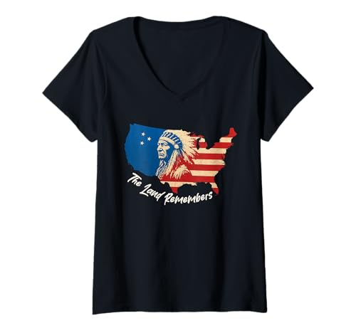 Damen Karte der Vereinigten Staaten mit Indianerhäuptling T-Shirt mit V-Ausschnitt Damen Karte der Vereinigten Staaten mit Indianerhäuptling T-Shirt mit V-Ausschnitt von United States Native