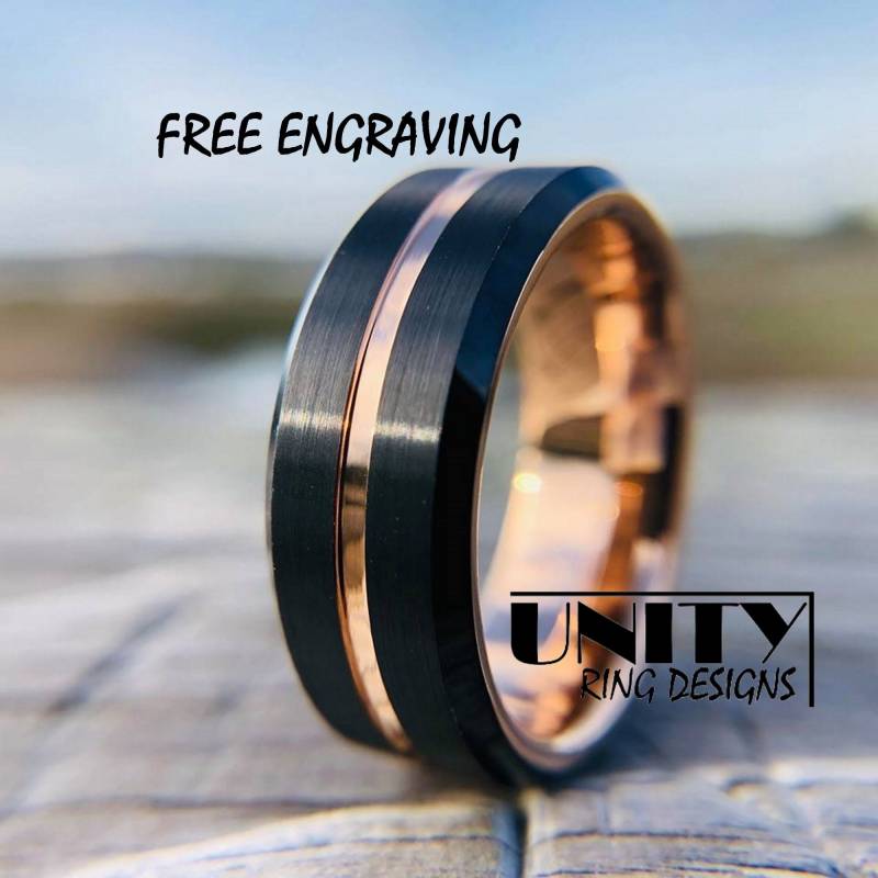 Rose Gold Wolfram Ring, Schwarz Herrenring, Ring Unity Designs von UnityRingDesigns