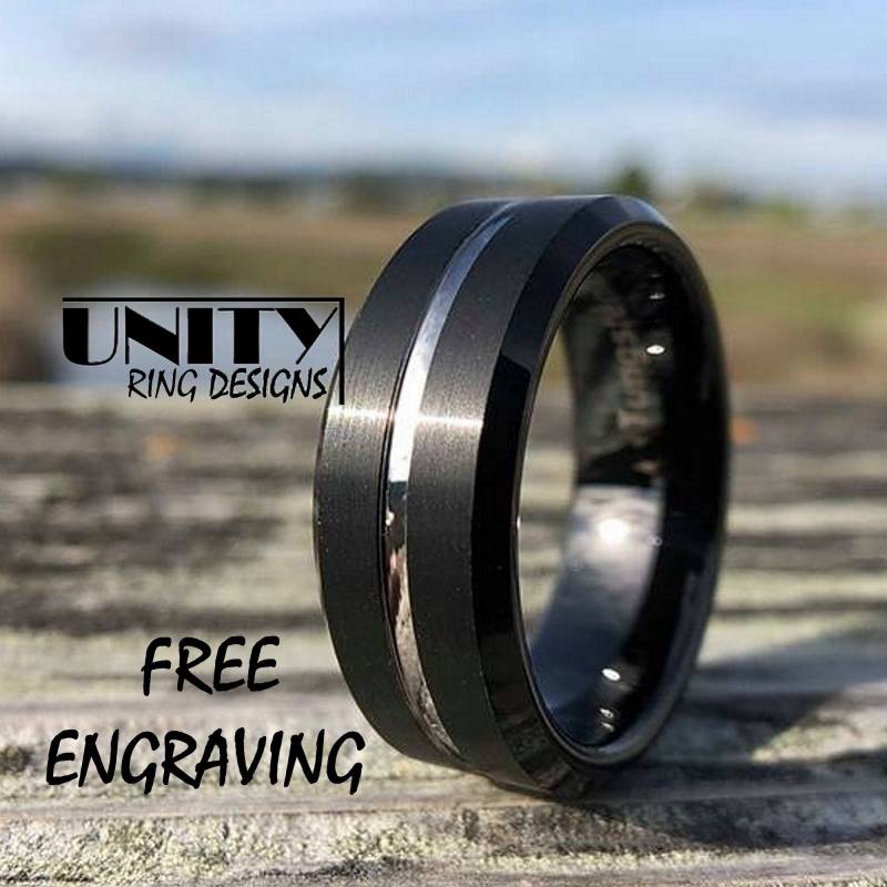 Schwarz Wolfram Ring, Silber Weiß Dünne Linie Herren Ehering, Herrenring Wolframring, Unity Ring Designs von UnityRingDesigns