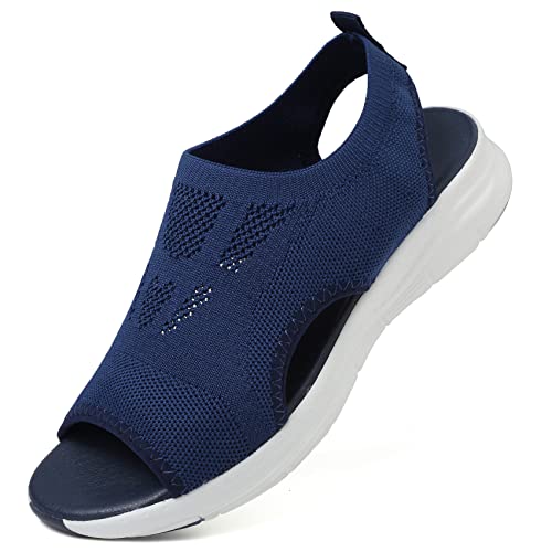 Unitysow Damen Sandalen Sommer Flach Slide Bequeme Arch Support Orthopädische Sandalen Freizeit Leicht Strand Sandale,Blau,Gr.39 von Unitysow