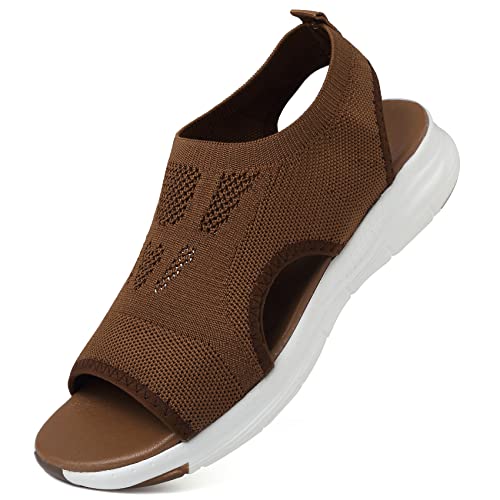 Unitysow Damen Sandalen Sommer Flach Slide Bequeme Arch Support Orthopädische Sandalen Freizeit Leicht Strand Sandale,Braun,Gr.42 von Unitysow