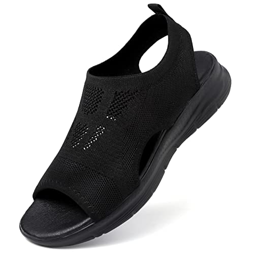 Unitysow Damen Sandalen Sommer Flach Slide Bequeme Arch Support Orthopädische Sandalen Freizeit Leicht Strand Sandale,Schwarz,Gr.39 von Unitysow