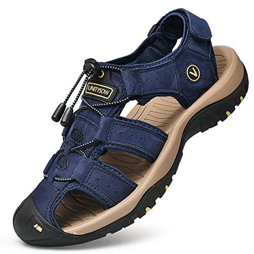 Unitysow Sport- & Outdoorsandalen Herren Trekkingsandalen Geschlossene Sandale Leder Sandalen Sommer Strand Sandalen Wandersandale Gr.39-46,Blau,Größe 40 von Unitysow