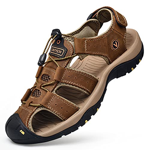 Unitysow Sport- & Outdoorsandalen Herren Trekkingsandalen Geschlossene Sandale Leder Sandalen Sommer Strand Sandalen Wandersandale Gr.39-46,Braun,Größe 39 von Unitysow