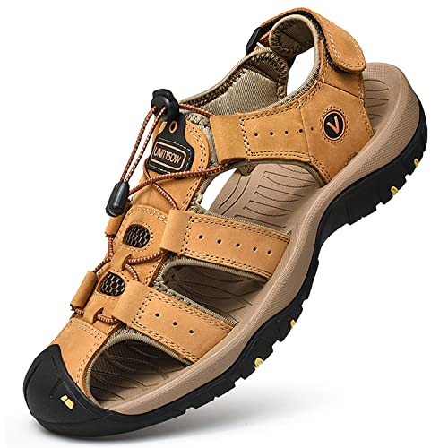Unitysow Sport- & Outdoorsandalen Herren Trekkingsandalen Geschlossene Sandale Leder Sandalen Sommer Strand Sandalen Wandersandale Gr.39-46,Gelb,Größe 41 von Unitysow