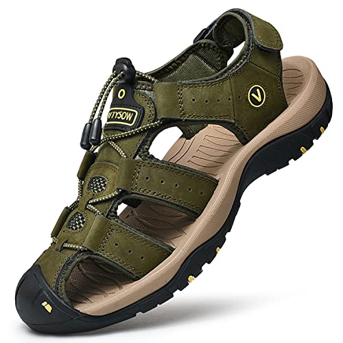 Unitysow Sport- & Outdoorsandalen Herren Trekkingsandalen Geschlossene Sandale Leder Sandalen Sommer Strand Sandalen Wandersandale Gr.39-46,Grün,Größe 41 von Unitysow