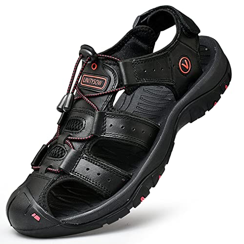 Unitysow Sport- & Outdoorsandalen Herren Trekkingsandalen Geschlossene Sandale Leder Sandalen Sommer Strand Sandalen Wandersandale Gr.39-46,Schwarz,Größe 41 von Unitysow