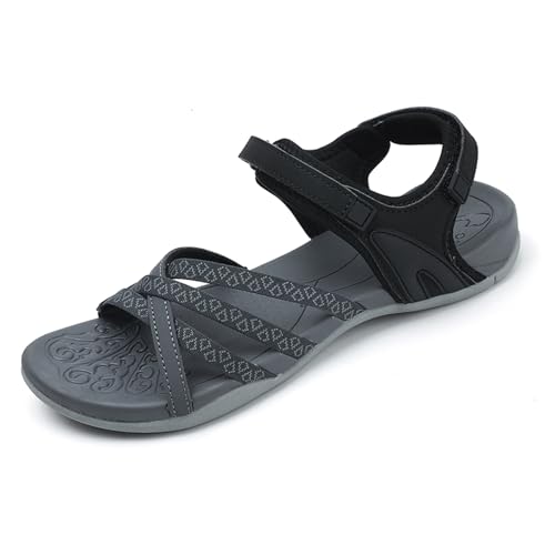 Unitysow Damen Sandalen Sommer Outdoor Orthopädische Sportsandalen Leichte Bequeme Flach Strand Schuhe Trekking Wandersandalen,Schwarz Grau,37 EU von Unitysow