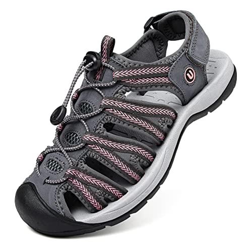 Unitysow Damen Trekkingsandalen Outdoorsandalen Sport Sandalen Geschlossene Sandale Wandersandalen Sommer Strand Sandalen,Grau Rosa,Gr.40 von Unitysow