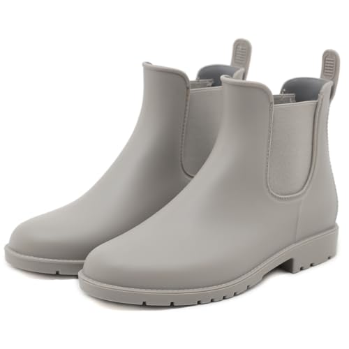 Uniuni Gummistiefel Damen Halbhoch Regenstiefel Wasserdicht Regen Chelsea Boots Kurz Gummi Stiefeletten Rutschfest Regenschuhe mit Blockabsatz Grau 36 von Uniuni