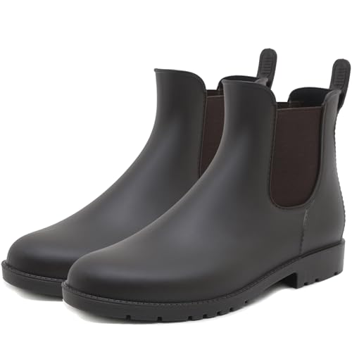 Uniuni Gummistiefel Herren Kurz Regenstiefel Damen Halbhoch Gummi Chelsea Boots Wasserdicht Regen Stiefeletten Rutschfest Regenschuhe mit Blockabsatz Braun 42 von Uniuni