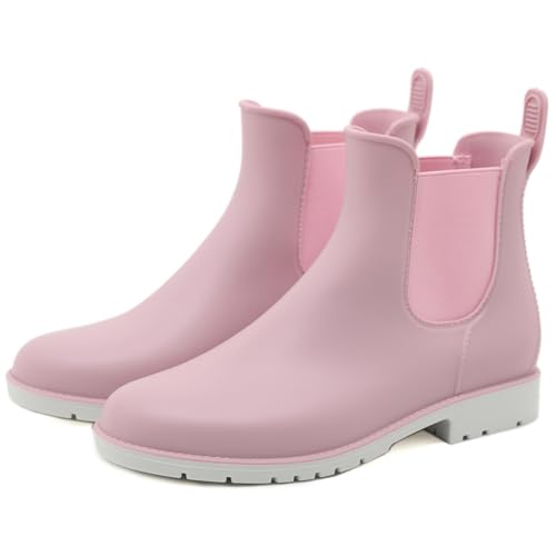 Uniuni Kurze Gummistiefel Damen Halbhoch Regenstiefel Regen Chelsea Boots Wasserdicht Gummistiefeletten Regenstiefeletten Rutschfest Gummi Stiefeletten Rubber Regenschuhe Rosa 40 von Uniuni