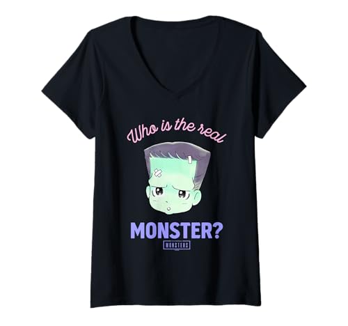 Damen Universal Monsters Frankenstein Anime Who’s The Real Monster T-Shirt mit V-Ausschnitt von Universal Monsters