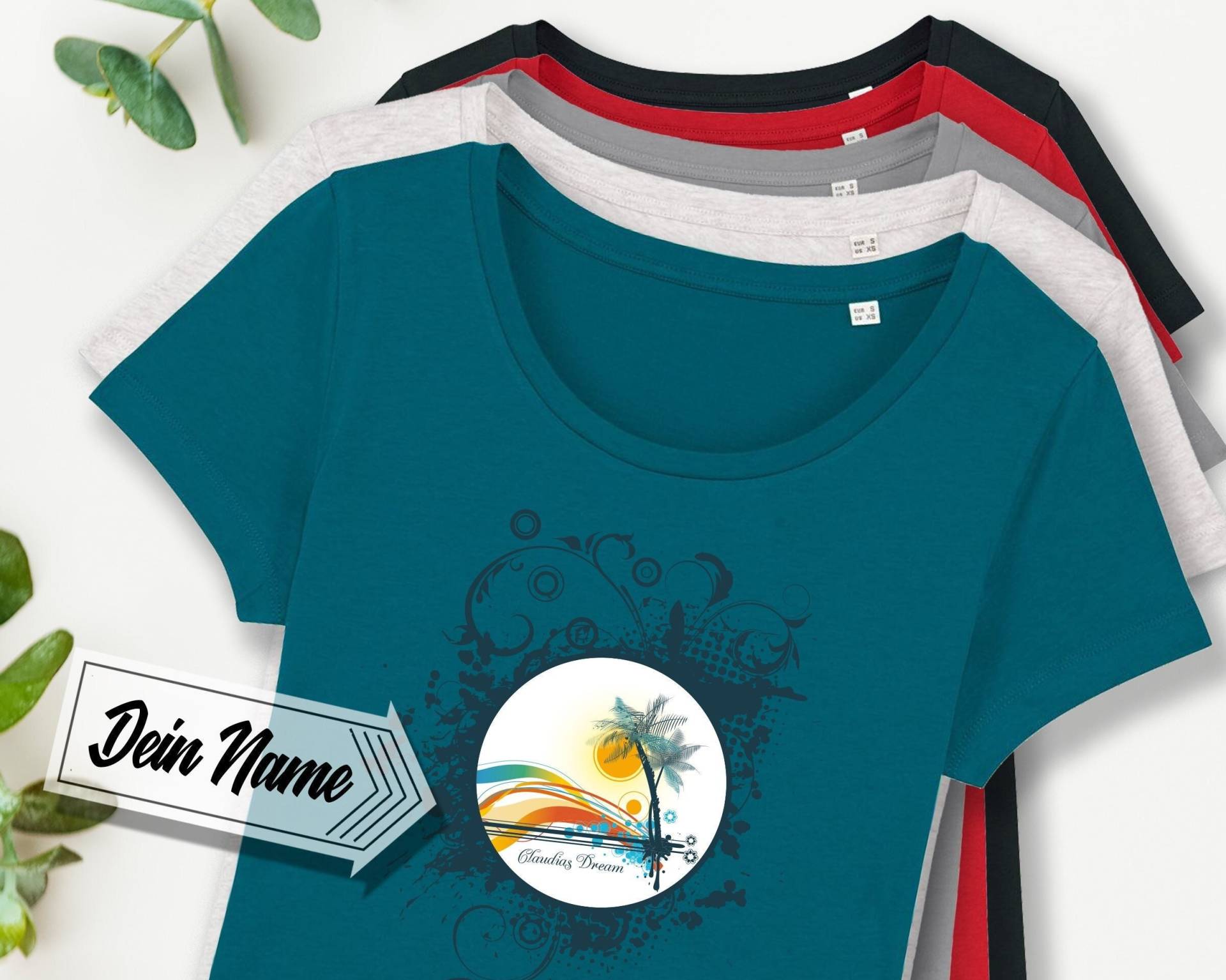 Damen-T-Shirt Trauminsel, Frauen, Eigener Text, Bedruckt, Personalisiert, Bio-Baumwolle, Jersey, Wunschtext, Urlaub, Palme, Strand von Universaldruck