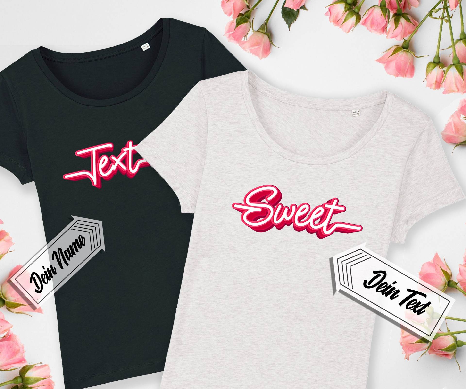 T-Shirt Mit Deinem Text, Effektschrift "Sweet", Personalisiert, Bedruckt, Name, Wunschtext, Biobaumwolle von Universaldruck