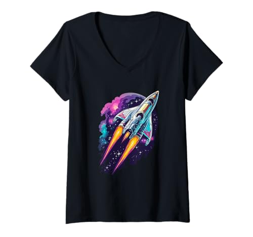Damen Universum Rakete Start Kosmos Shuttle Flug Galaxis Weltraum T-Shirt mit V-Ausschnitt von Universum Rakete Start Shuttle Galaxis Weltraum